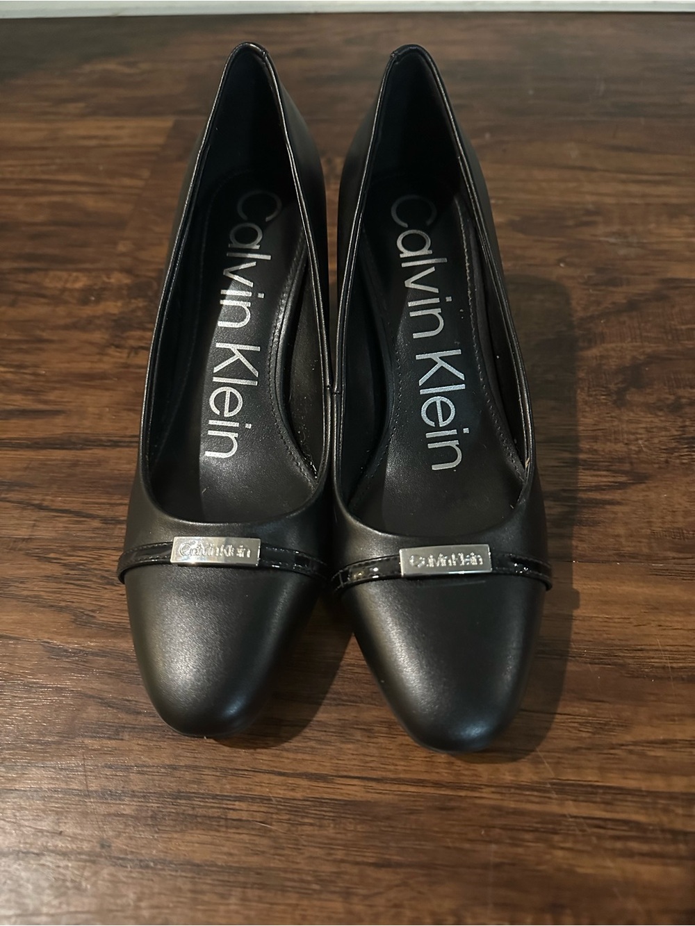 Calvin Klein Black Leather Pointed Pumps with Signature Plaque